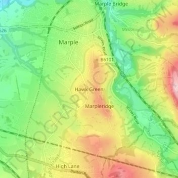 Mapa topográfico Hawk Green, altitud, relieve