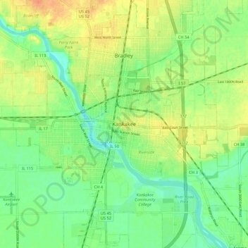 Mapa topográfico Kankakee, altitud, relieve