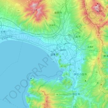 Mapa topográfico Numazu, altitud, relieve