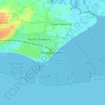 Mapa topográfico Shoeburyness, altitud, relieve