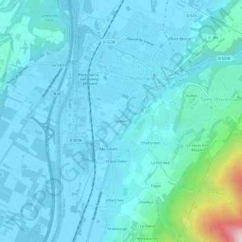 Mapa topográfico Grignon, altitud, relieve