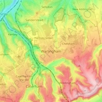Mapa topográfico Warlingham, altitud, relieve