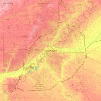 Mapa topográfico Fort Wayne, altitud, relieve
