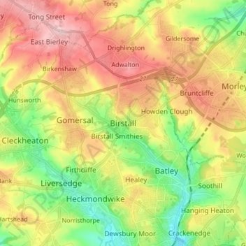 Mapa topográfico Birstall, altitud, relieve