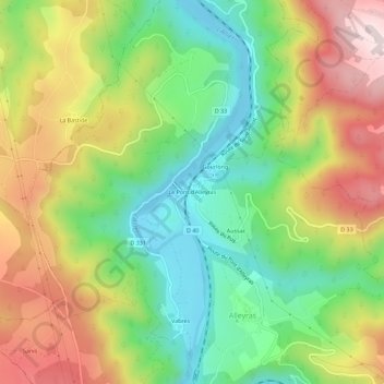 Mapa topográfico Le Pont d'Alleyras, altitud, relieve