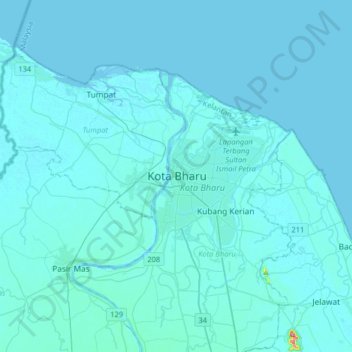 Mapa topográfico Kota Bharu, altitud, relieve