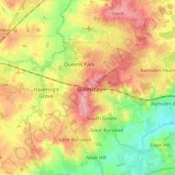 Mapa topográfico Billericay, altitud, relieve
