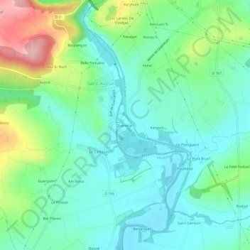 Mapa topográfico Quénécan, altitud, relieve