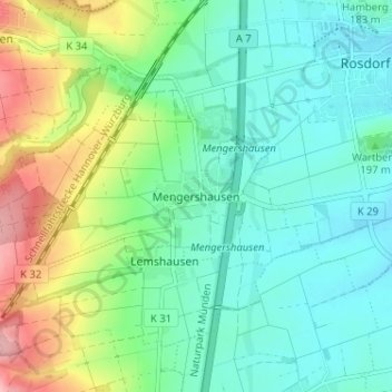 Mapa topográfico Mengershausen, altitud, relieve
