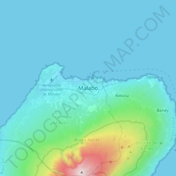 Mapa topográfico Malabo, altitud, relieve