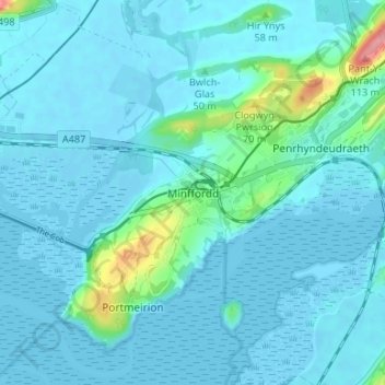 Mapa topográfico Minffordd, altitud, relieve