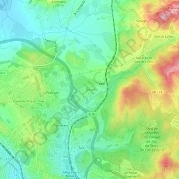 Mapa topográfico Telhal, altitud, relieve