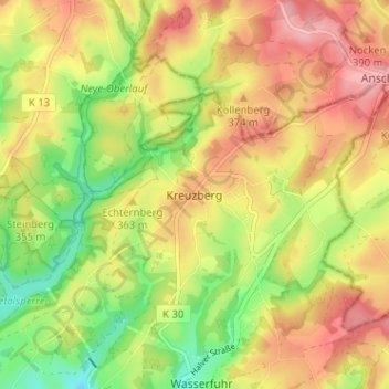 Mapa topográfico Kreuzberg, altitud, relieve