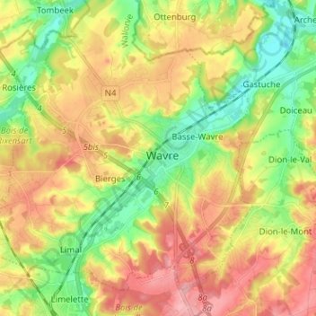 Mapa topográfico Wavre, altitud, relieve