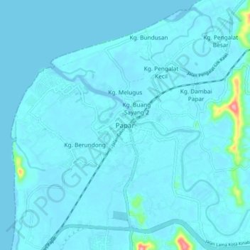 Mapa topográfico Papar, altitud, relieve