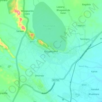 Mapa topográfico Rajsamand, altitud, relieve