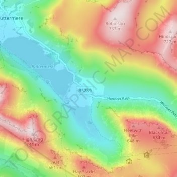 Mapa topográfico Gatesgarth, altitud, relieve