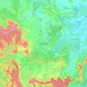 Mapa topográfico Cessnock, altitud, relieve