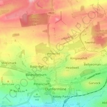 Mapa topográfico Wellwood, altitud, relieve