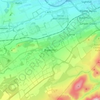 Mapa topográfico Balerno, altitud, relieve