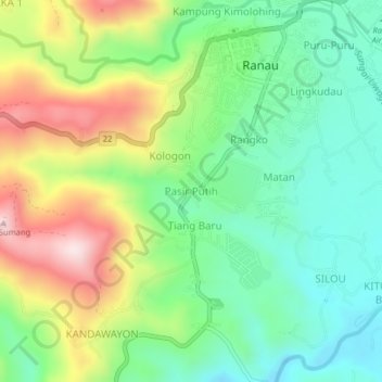 Mapa topográfico Pasir Putih, altitud, relieve