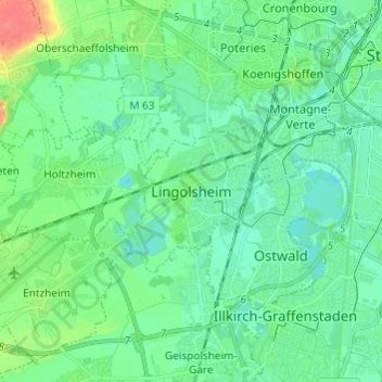 Mapa topográfico Lingolsheim, altitud, relieve