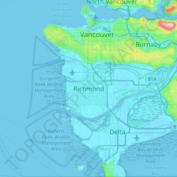 Mapa topográfico Richmond, altitud, relieve