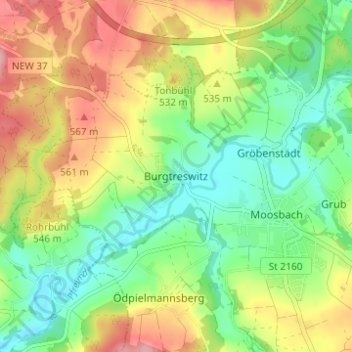Mapa topográfico Burgtreswitz, altitud, relieve