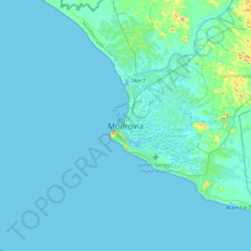 Mapa topográfico Monrovia, altitud, relieve