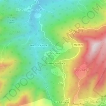 Mapa topográfico Pethuparai, altitud, relieve