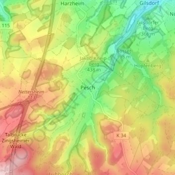 Mapa topográfico Pesch, altitud, relieve