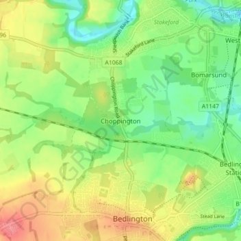 Mapa topográfico Choppington, altitud, relieve