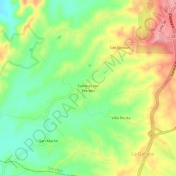 Mapa topográfico Sabanas del Potrero, altitud, relieve