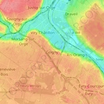 Mapa topográfico Grigny, altitud, relieve