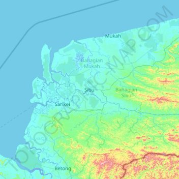 Mapa topográfico Sibu Division, altitud, relieve