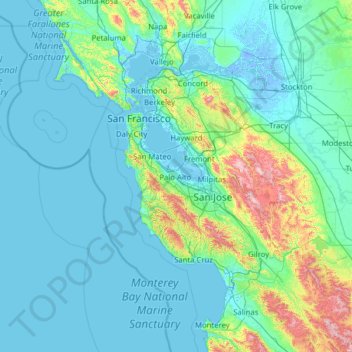 Mapa topográfico Silicon Valley, altitud, relieve