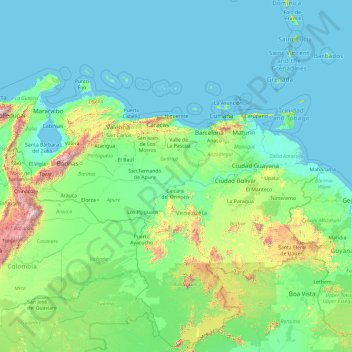 Mapa topográfico Venezuela, altitud, relieve