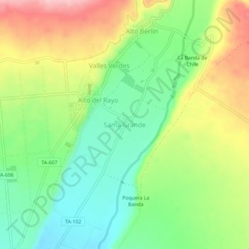 Mapa topográfico Sama Grande, altitud, relieve