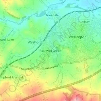 Mapa topográfico Rockwell Green, altitud, relieve