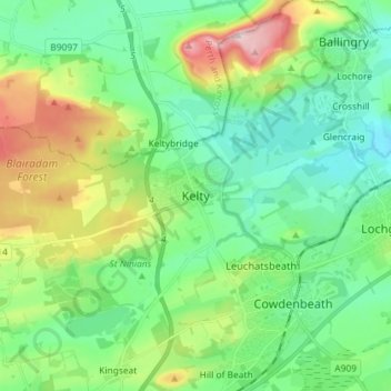 Mapa topográfico Kelty, altitud, relieve