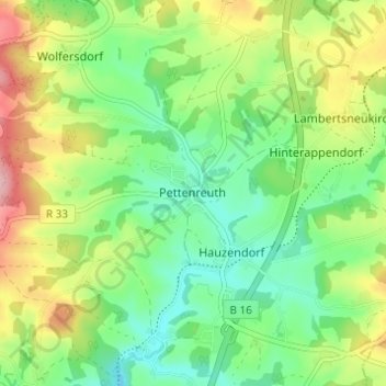 Mapa topográfico Pettenreuth, altitud, relieve