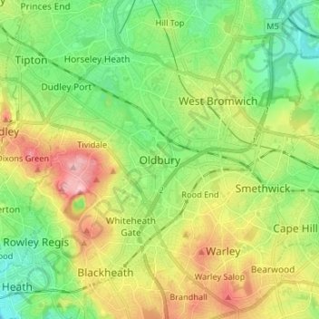 Mapa topográfico Oldbury, altitud, relieve