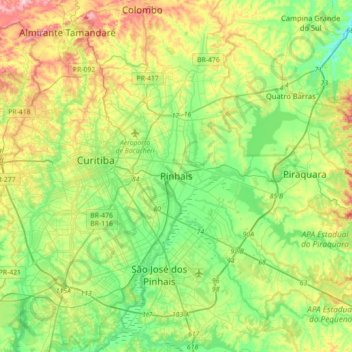 Mapa topográfico Pinhais, altitud, relieve