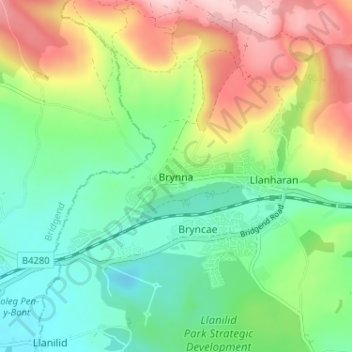 Mapa topográfico Brynna, altitud, relieve