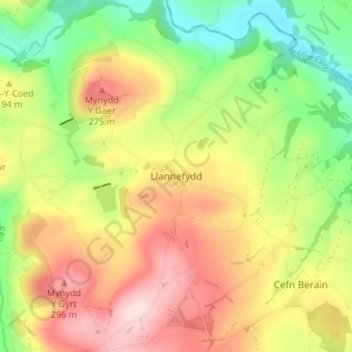 Mapa topográfico Llannefydd, altitud, relieve
