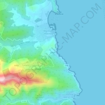 Mapa topográfico Calella, altitud, relieve