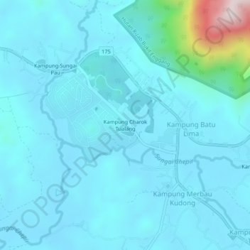 Mapa topográfico Kampung Charok Tualang, altitud, relieve