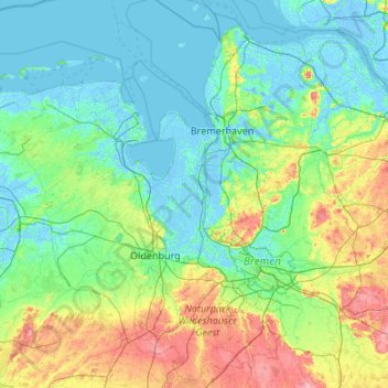 Mapa topográfico Wesermarsch, altitud, relieve