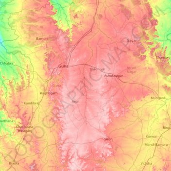 Mapa topográfico Guna, altitud, relieve