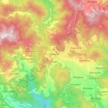 Mapa topográfico Bhowali, altitud, relieve